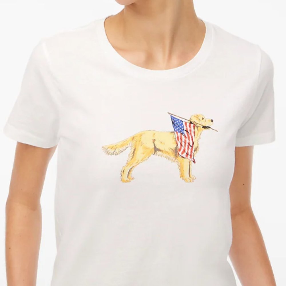 J Crew Dog with American Flag Graphic Tee Collectible Soft Cotton